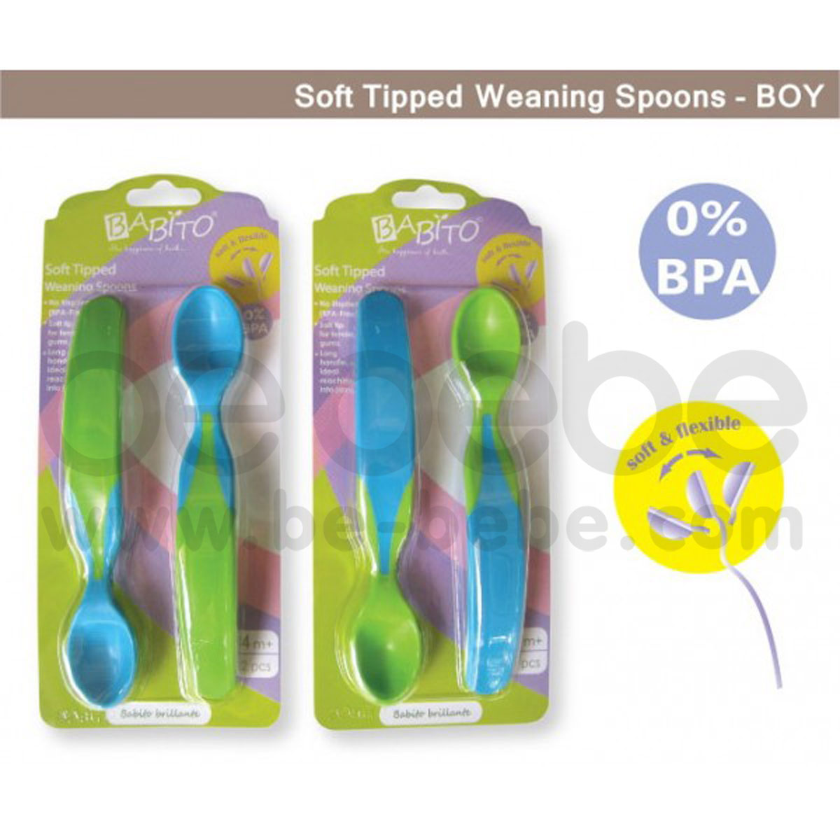 BABITO : ชุดช้อนป้อนอาหารปลายนุ่มสำหรับเด็กฝึกทานอาหาร Soft Tipped Weaning Spoon, 2Pcs. / ฟ้า