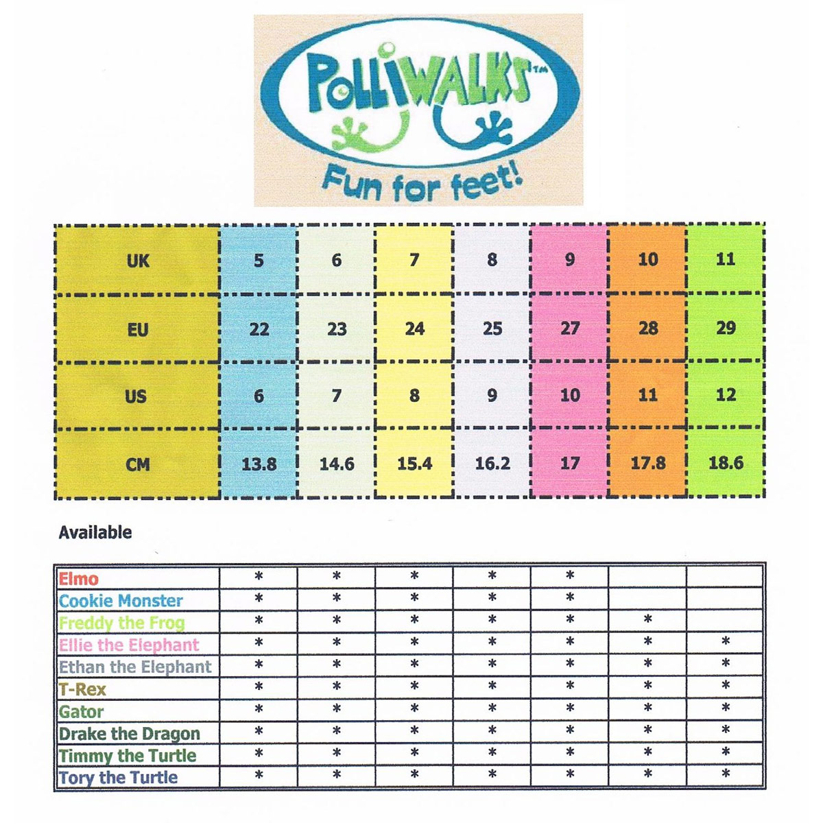 Polliwalks Size Chart